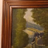 Old painting, oil on canvas, mountain landscape, early twentieth century