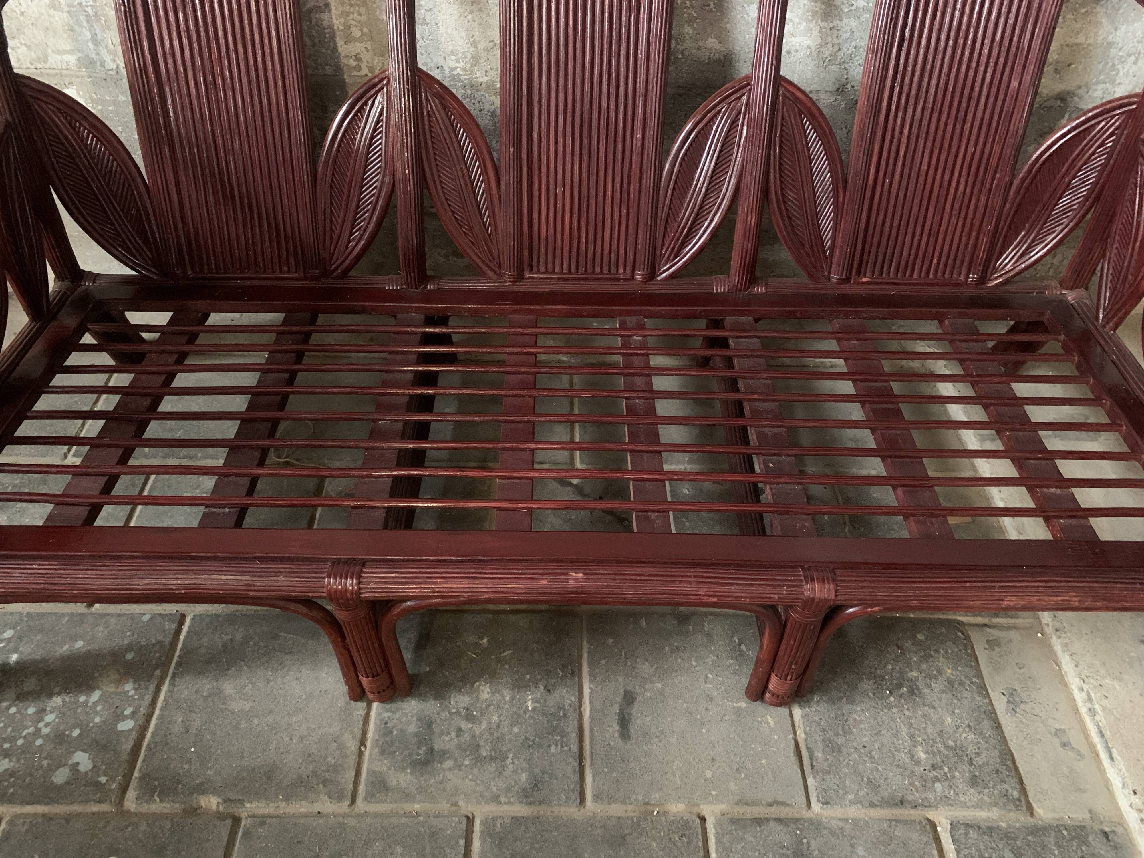 Pencil reed rattan bamboo coastal palm leaf bench sofa, Vivai del Sud 1970s