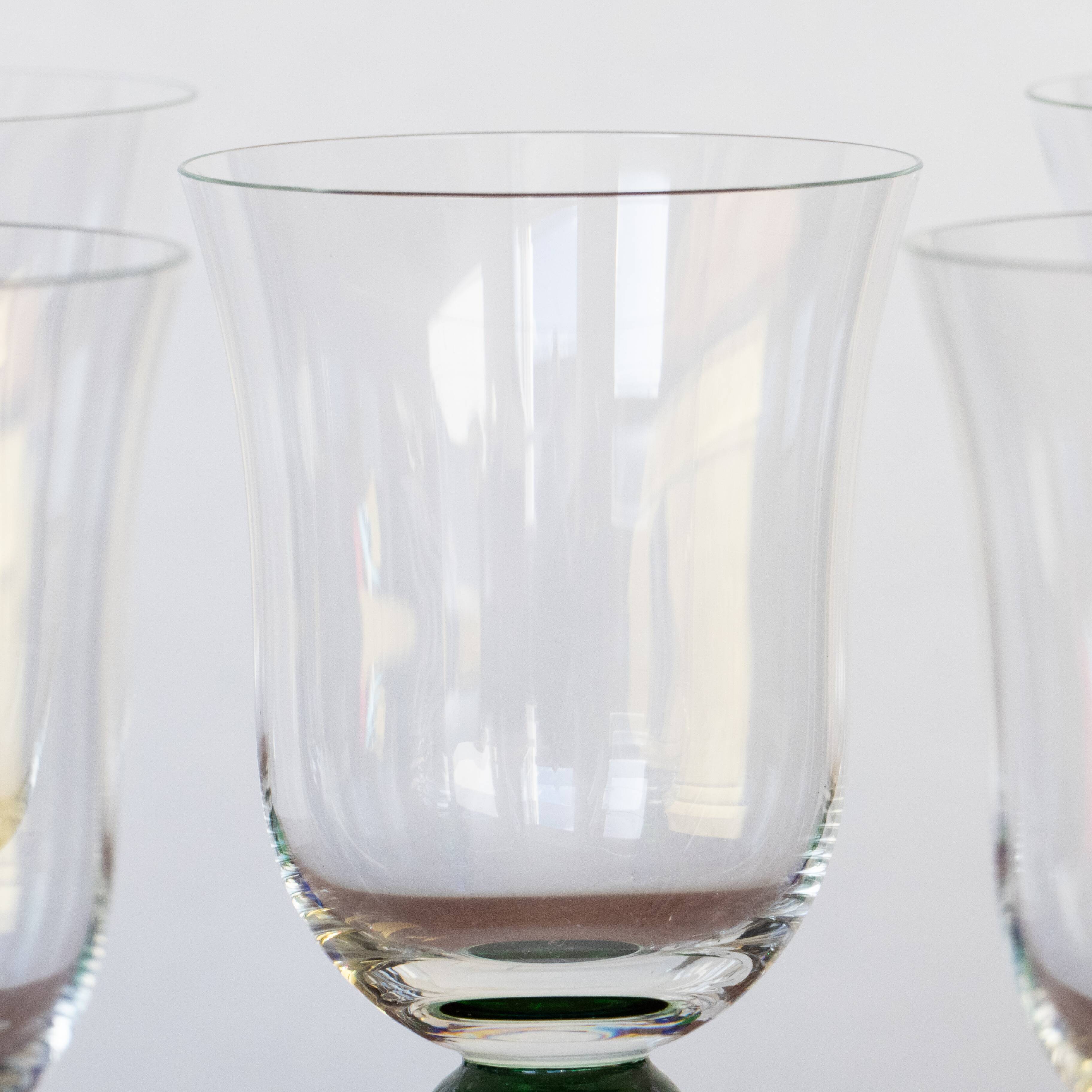 6 vintage crystal stemmed glasses, green and blue bubble foot