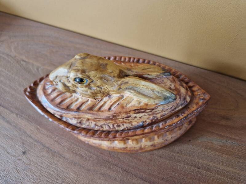 Pillivuyt porcelain terrine decorated with a hare, glass eyes - 19th century
