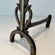 Pair of Brass and Wrought Iron Chenets with Triple Volute and Mount Torch Holders
