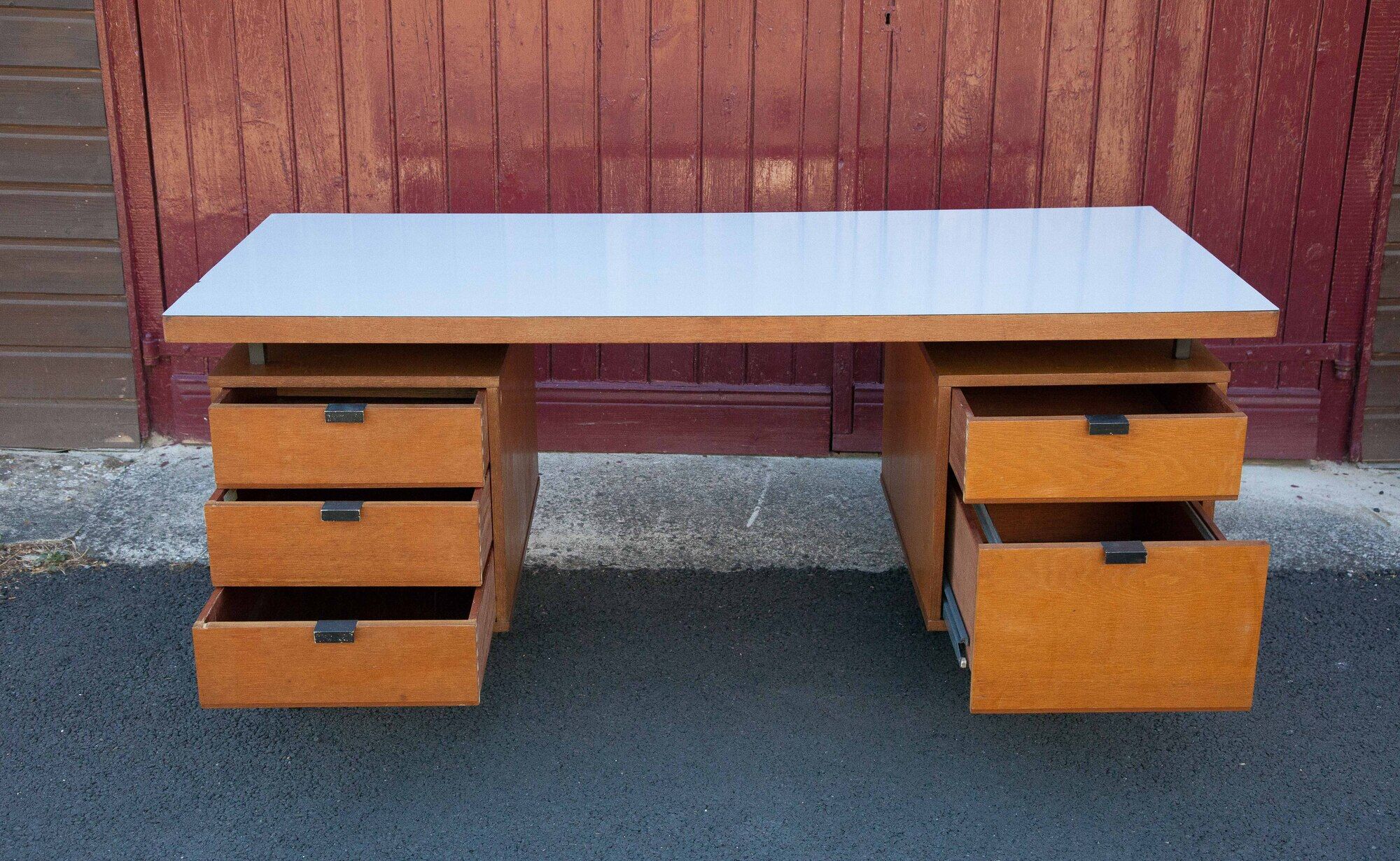 Wood desk and black metal structure with melamine top, Charron Edition, large office 2 boxes