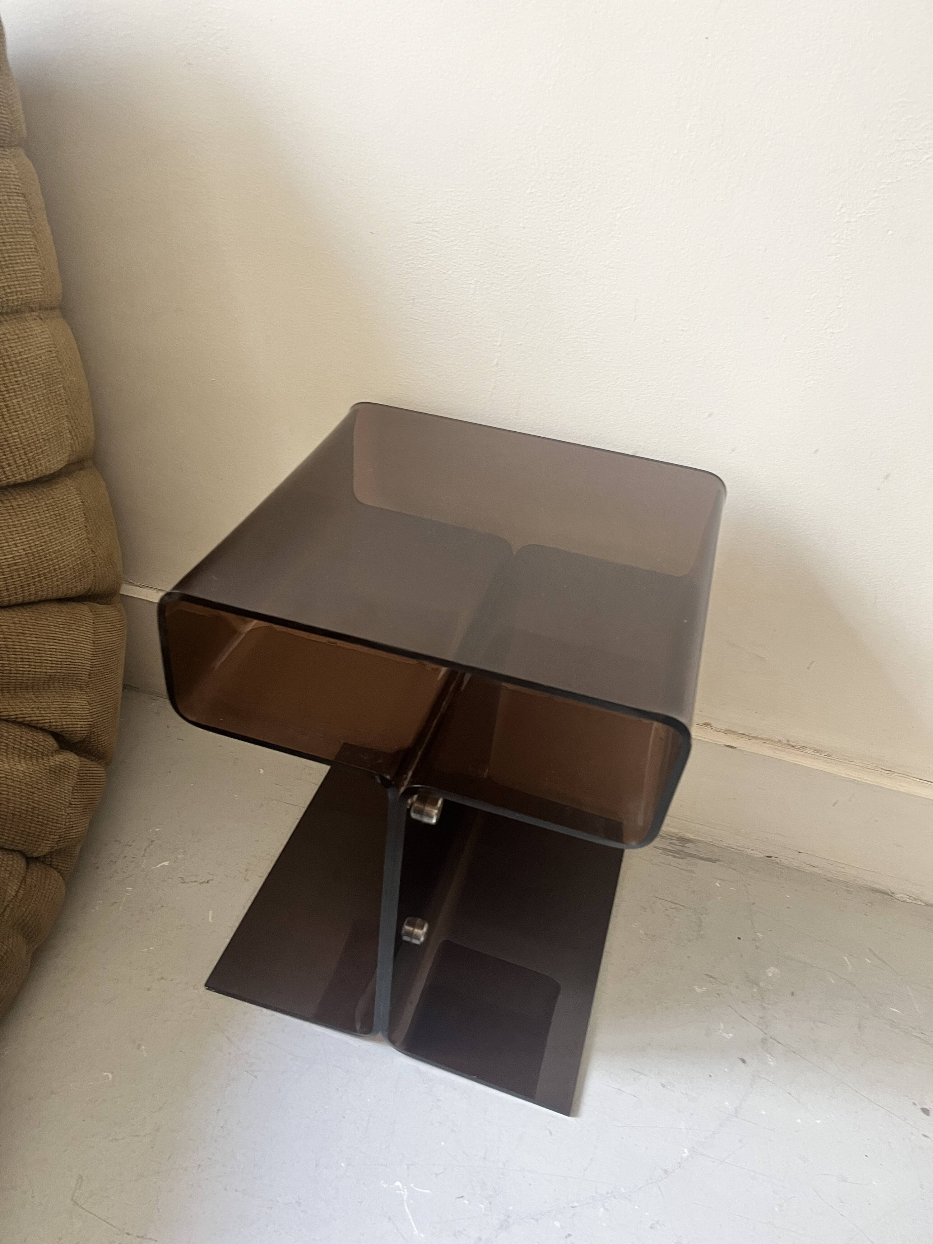 Smoked plexiglass side table/bedside table, M. Dumas for Roche Bobois 1970