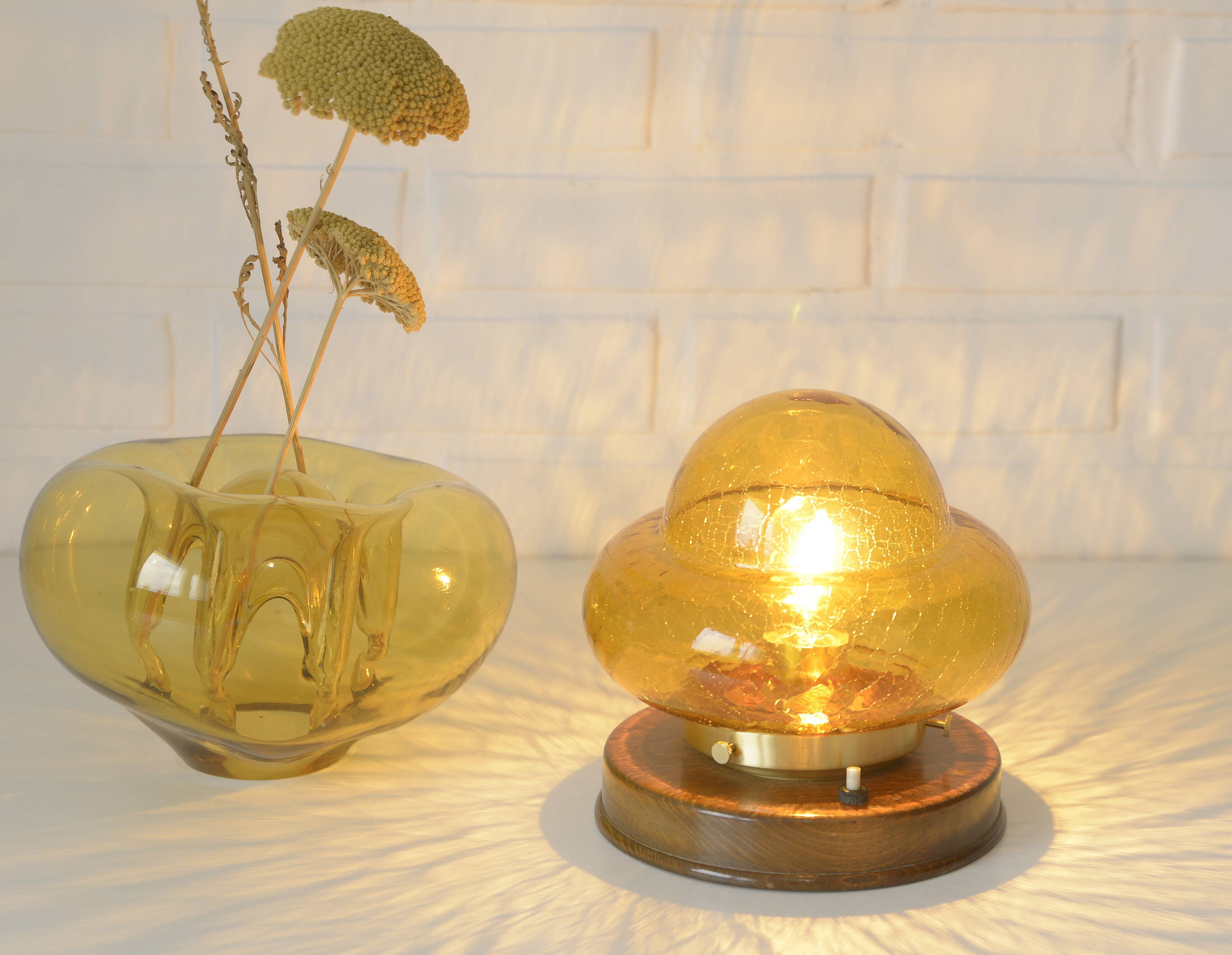 Vintage table lamp rustic desk light amber glass mushroom lamp 1970
