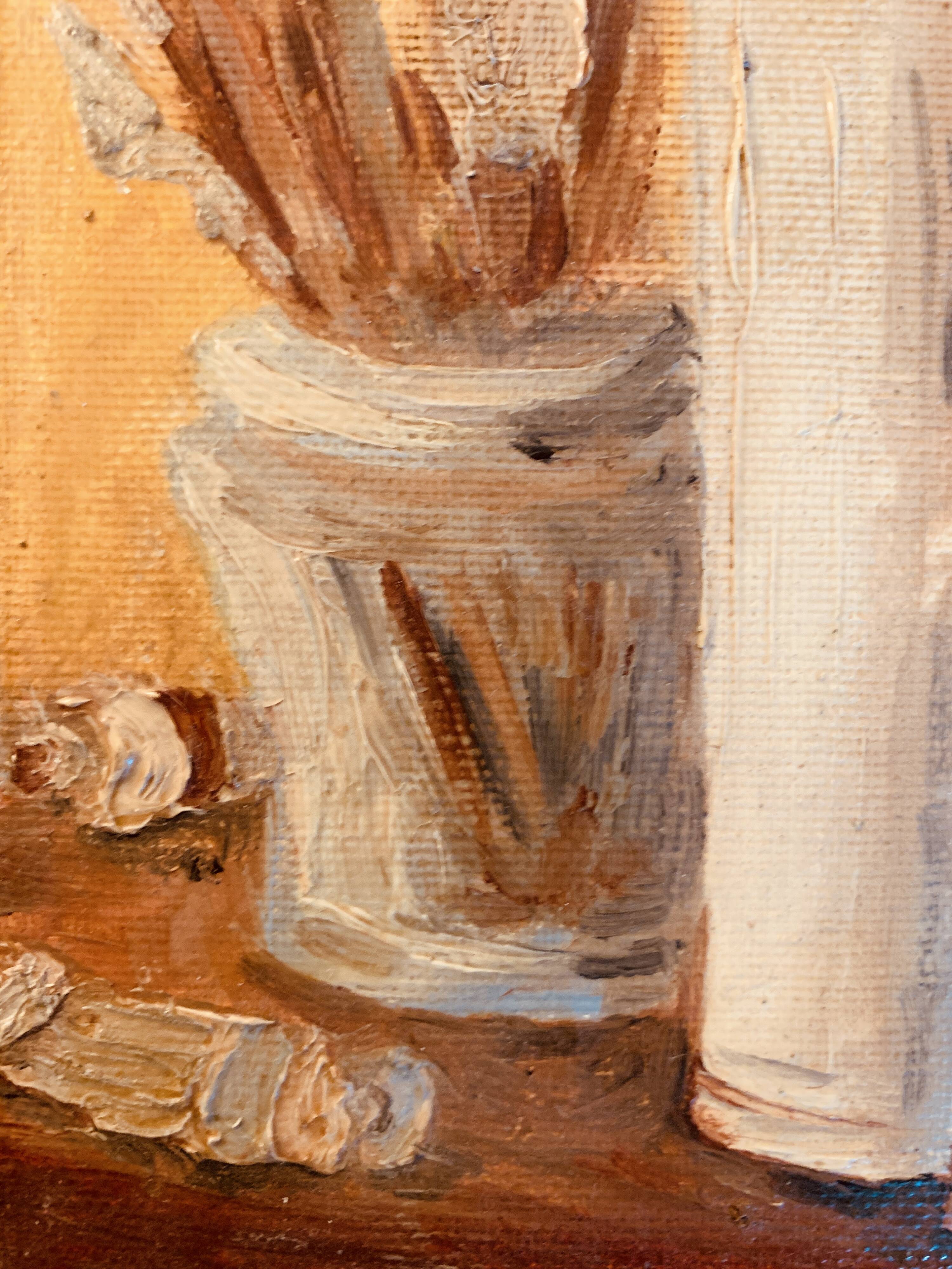 Small signed painting, oil on cardboard canvas, still life "studio"