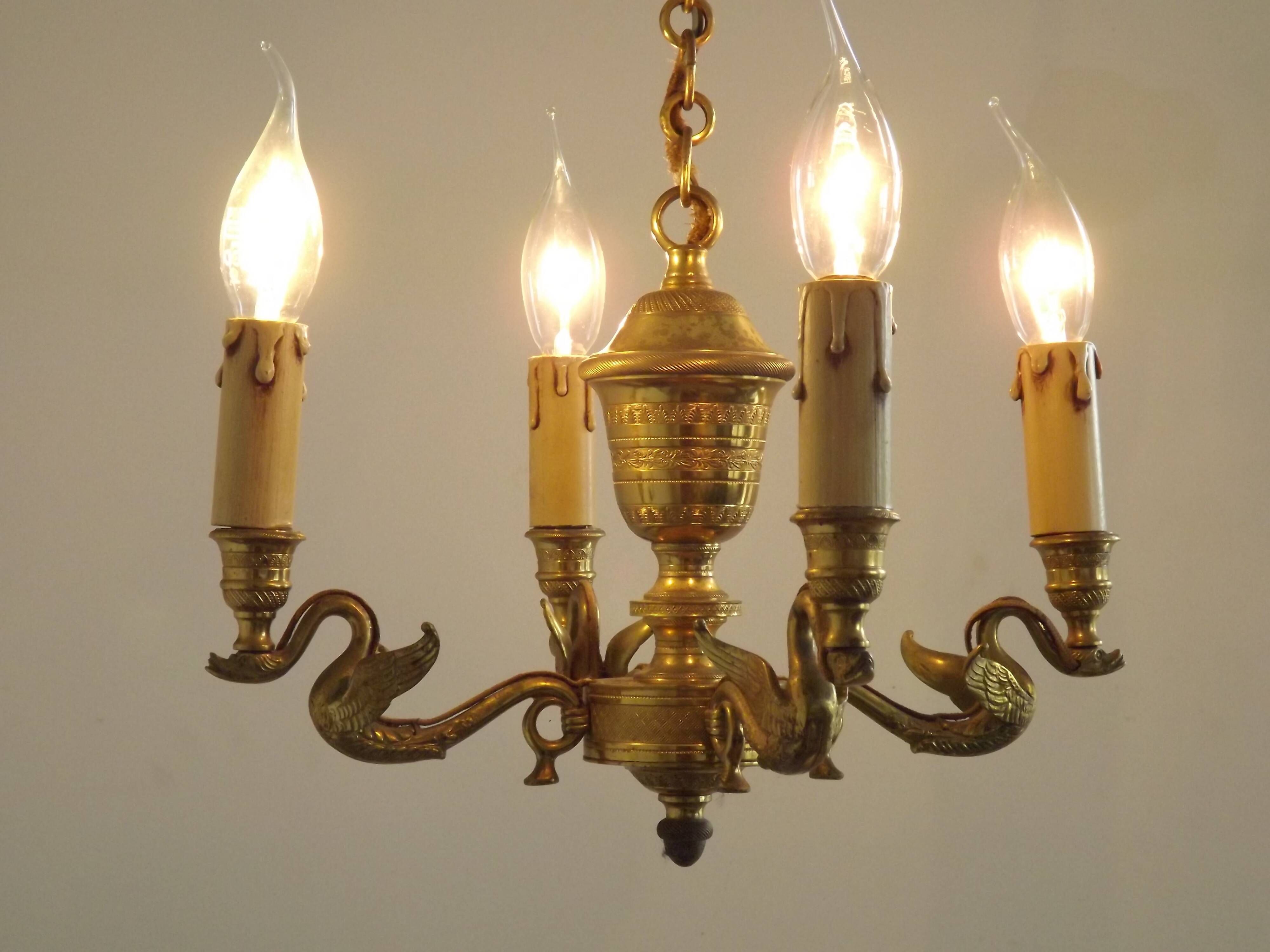 French Empire Style Bronze 4-Light Chandelier with Swan Detail Arms