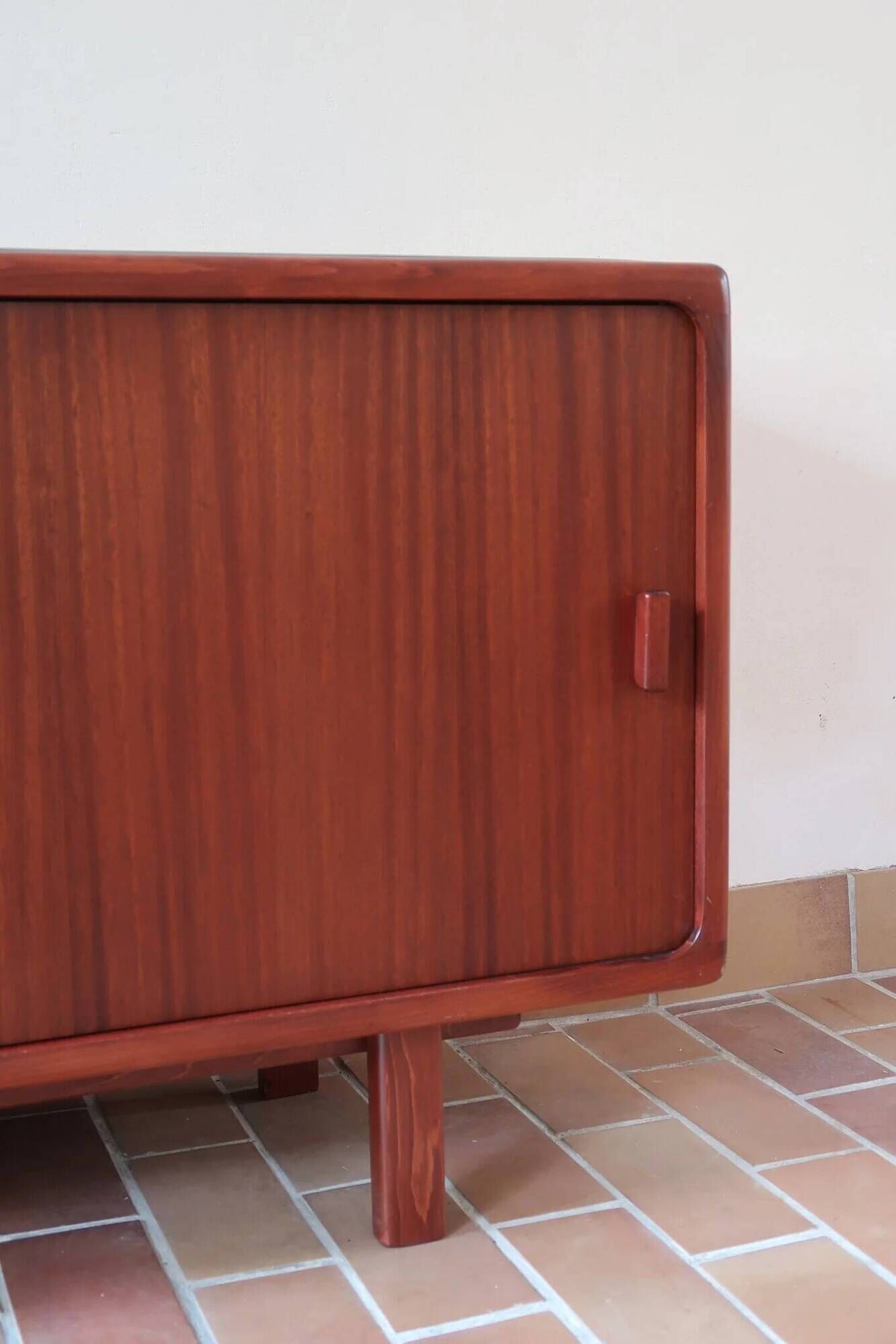 Teak enfilade, sliding doors, black faux leather top, 1970s.