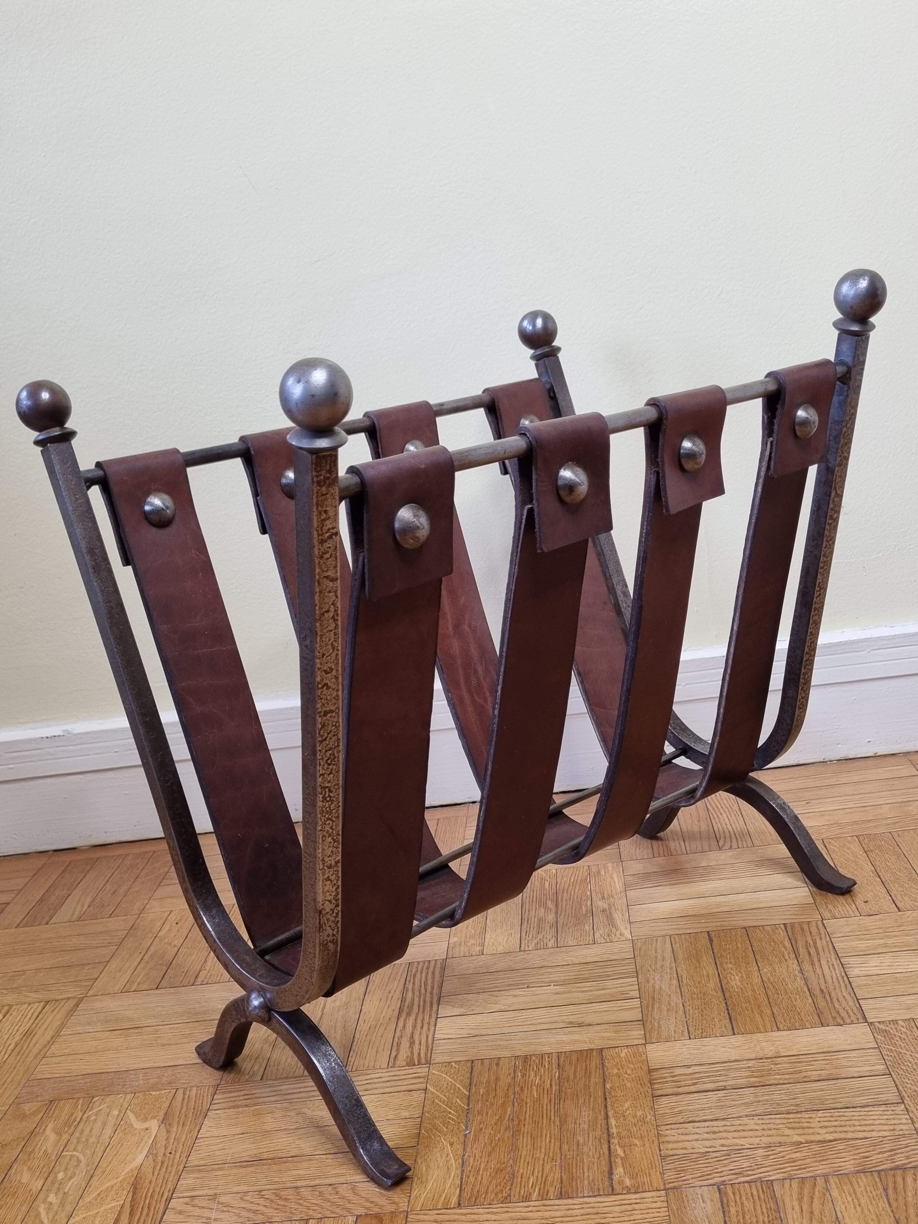 Magazine door in leather and forged metal, brutalist, 50s