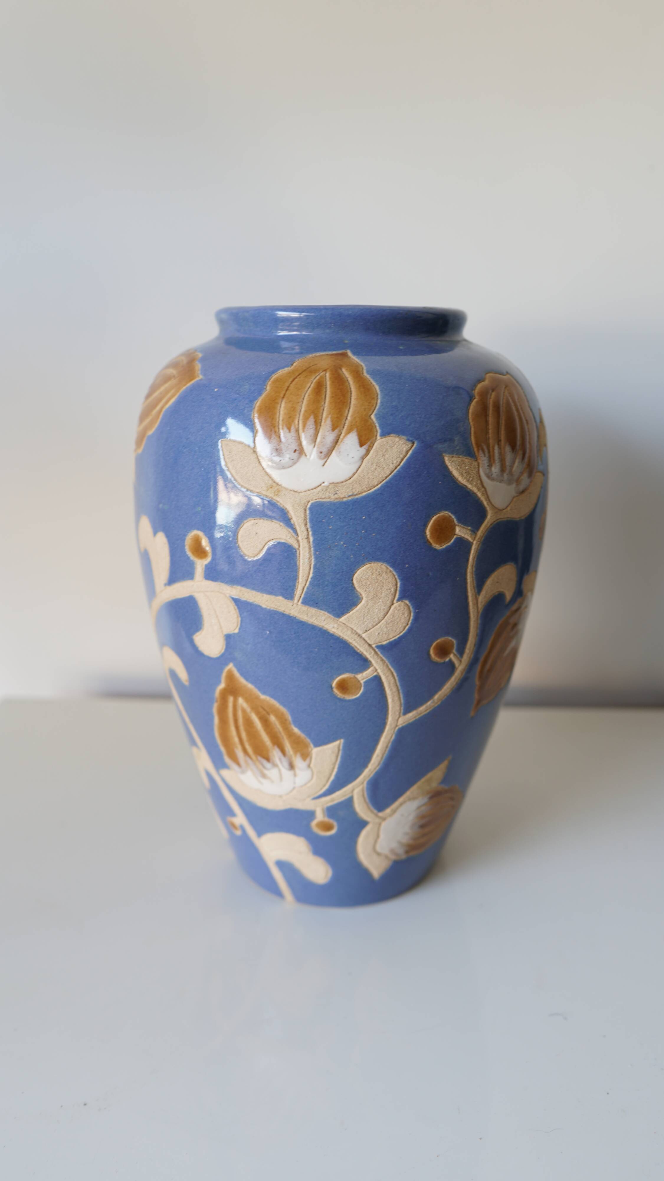 Glazed stoneware vase – floral decoration in relief – Keramis style – 1970s