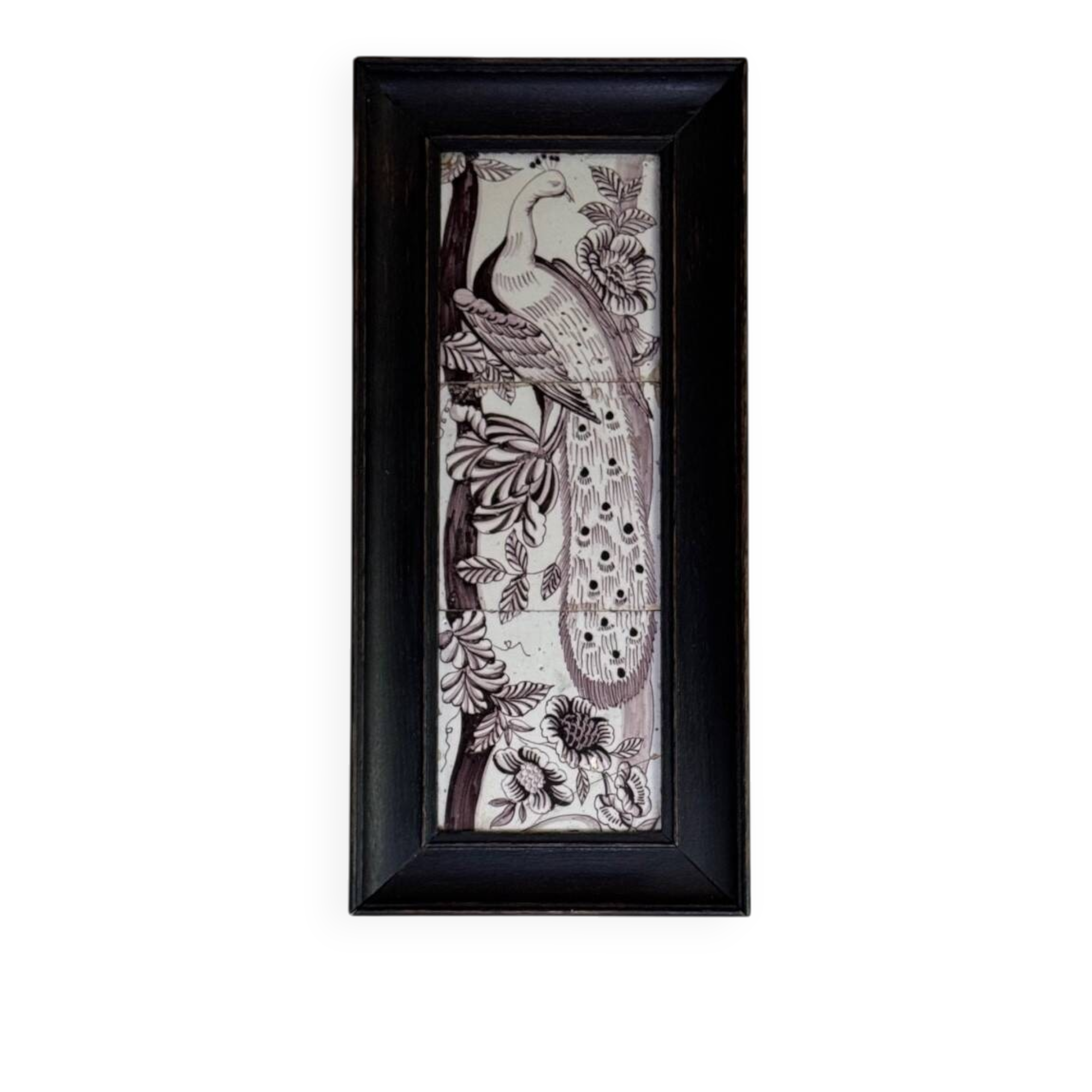Trois carreaux de Delft manganèse formant un portrait de paon, XVIIIème siècle