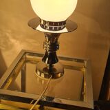 Table lamp with chrome base and white opaline globe