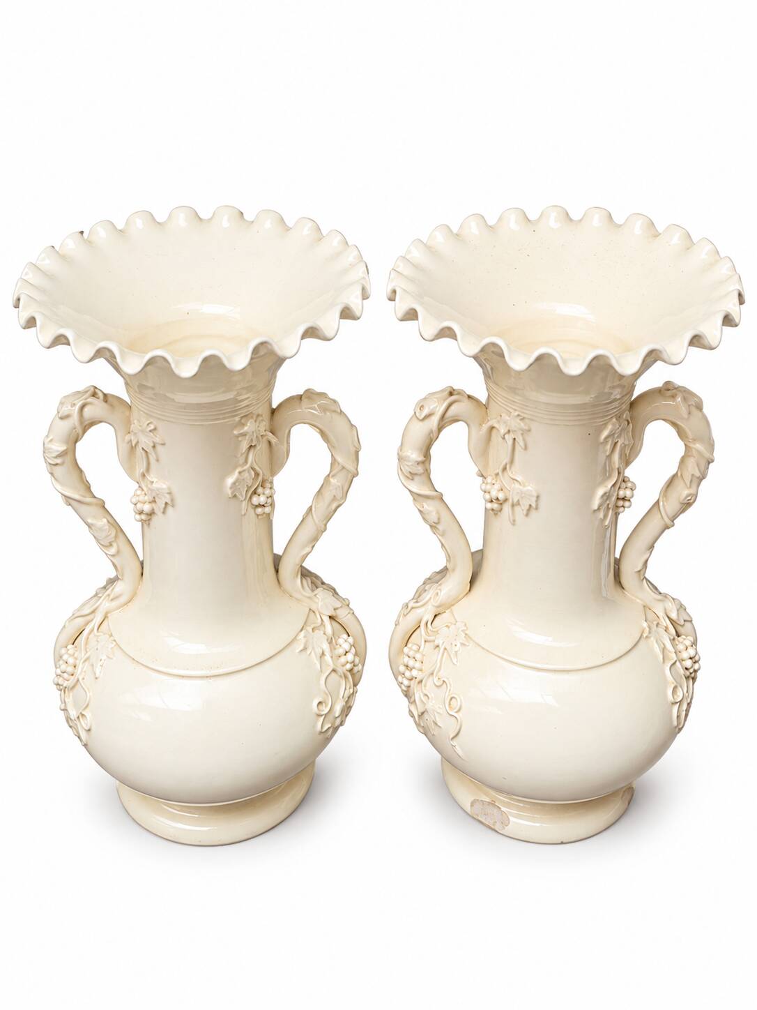 Pair of fine cream earthenware vases from Langeais, decorated with vine.