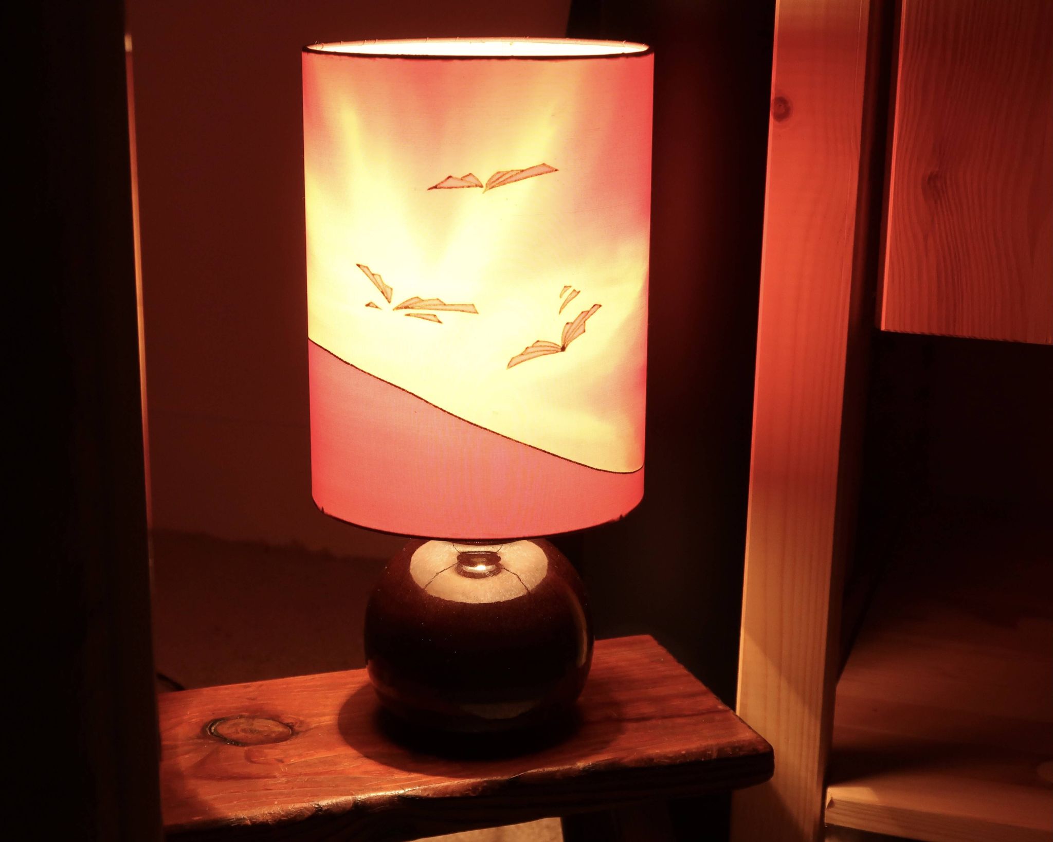 Purple ceramic lamp, painted silk shade, 1970s.