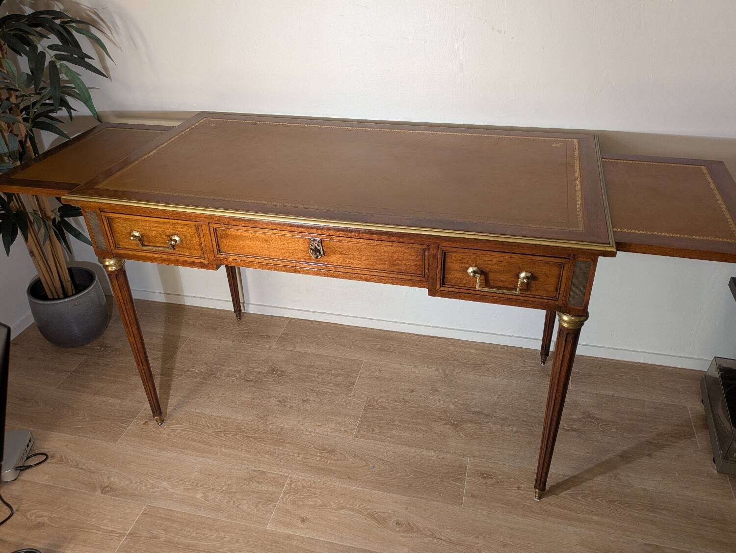 Antique Louis XVI style vintage desk, leather, brass, cherry wood
