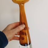 Two vintage Scandinavian double-layered amber blown glass candlesticks