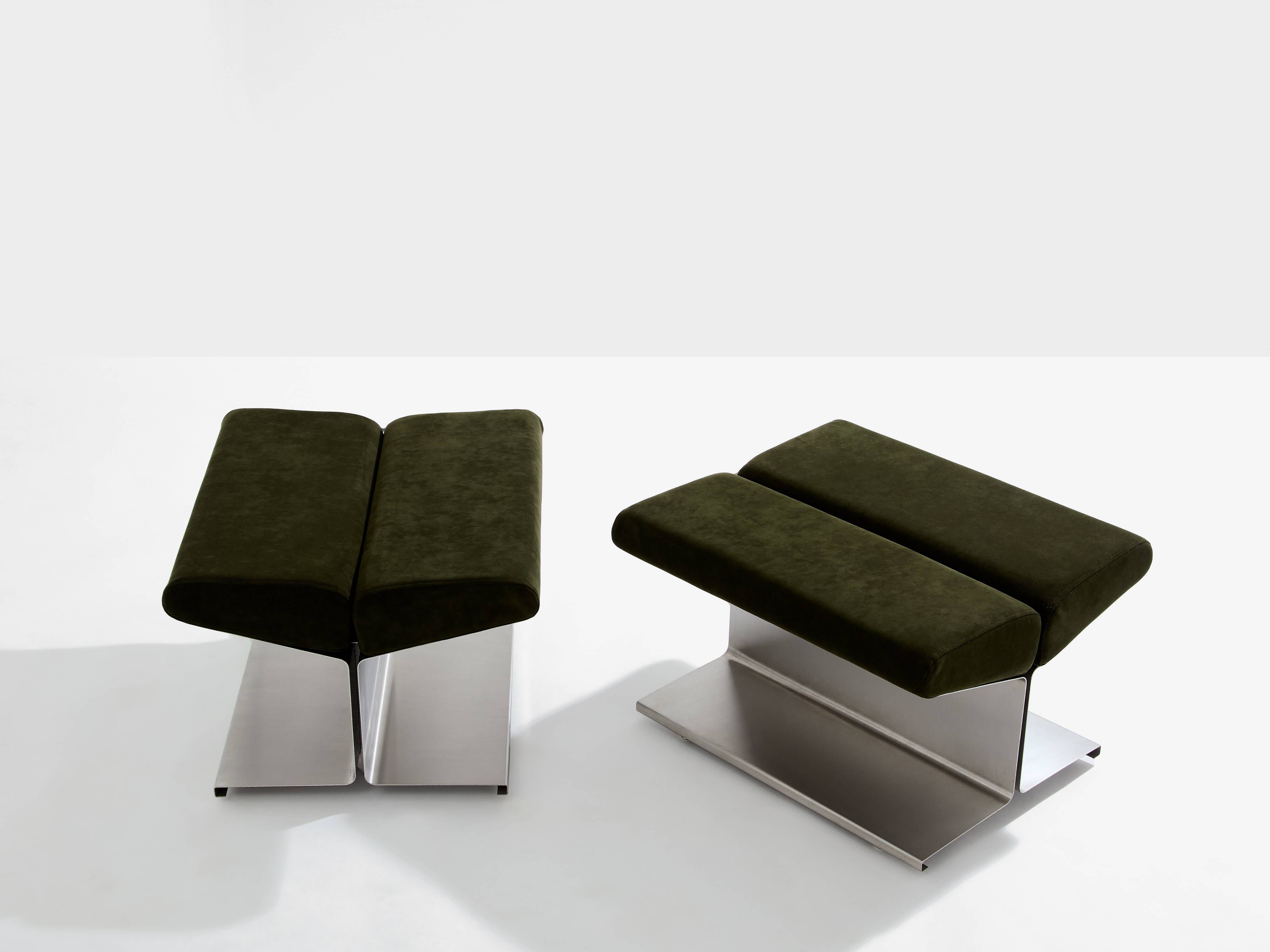 Pair of ottomans by Paul Geoffroy, brushed steel and alcantara, 1975
