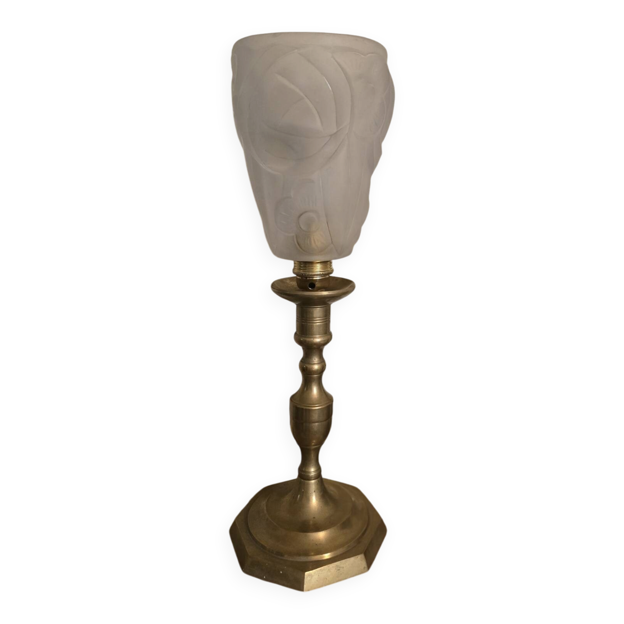 Lampe à poser pied bougeoir en laiton et tulipe Degué signée