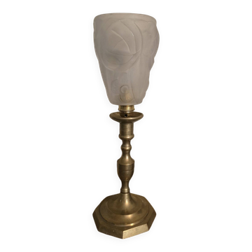 Lampe à poser pied bougeoir en laiton et tulipe Degué signée