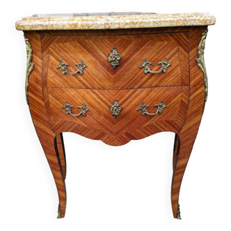Old chest of drawers in rosewood marquetry with marble and bronze, Louis XV style