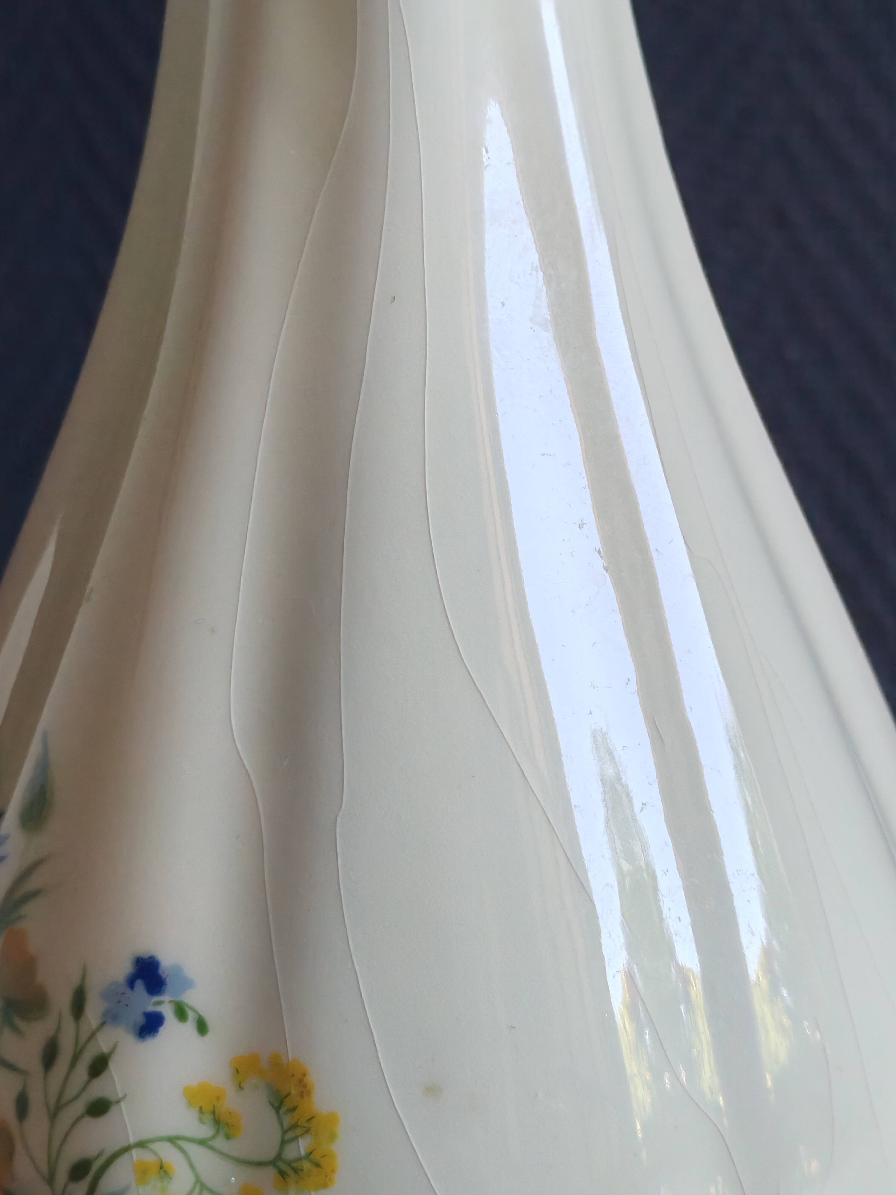Vintage White Broken Ceramic Vase with Floral Pattern, Ribbed Vase