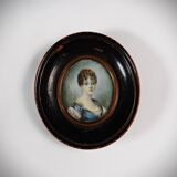Tondo miniature portrait of a woman Empire style hand-painted gouache