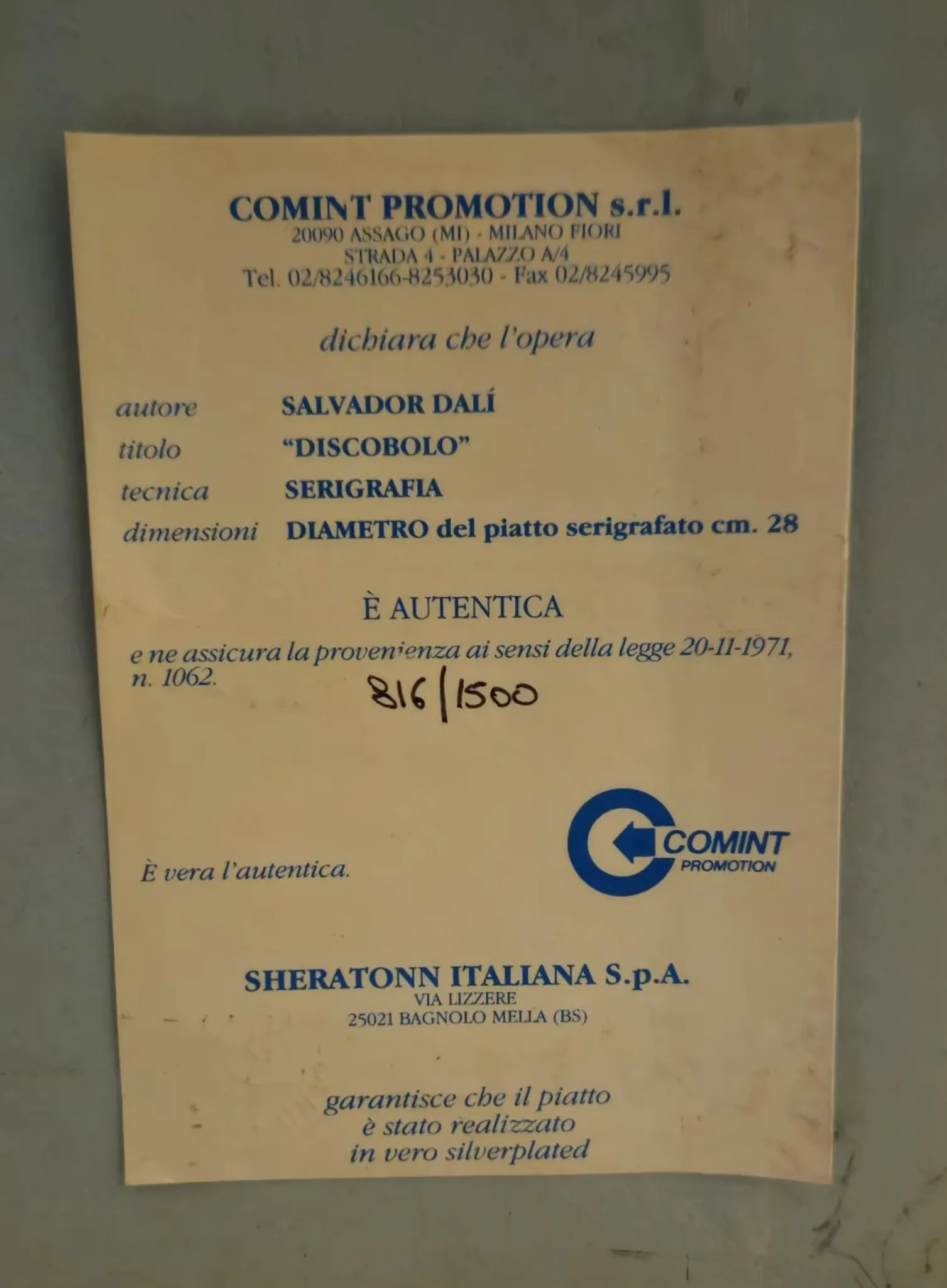 Silver-plated plate – Screen printing – Numbered edition 816/1500