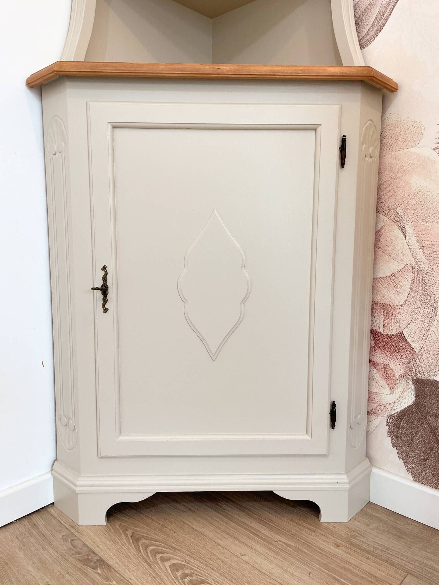 Corner unit in 2 parts, grey/beige and cane work.