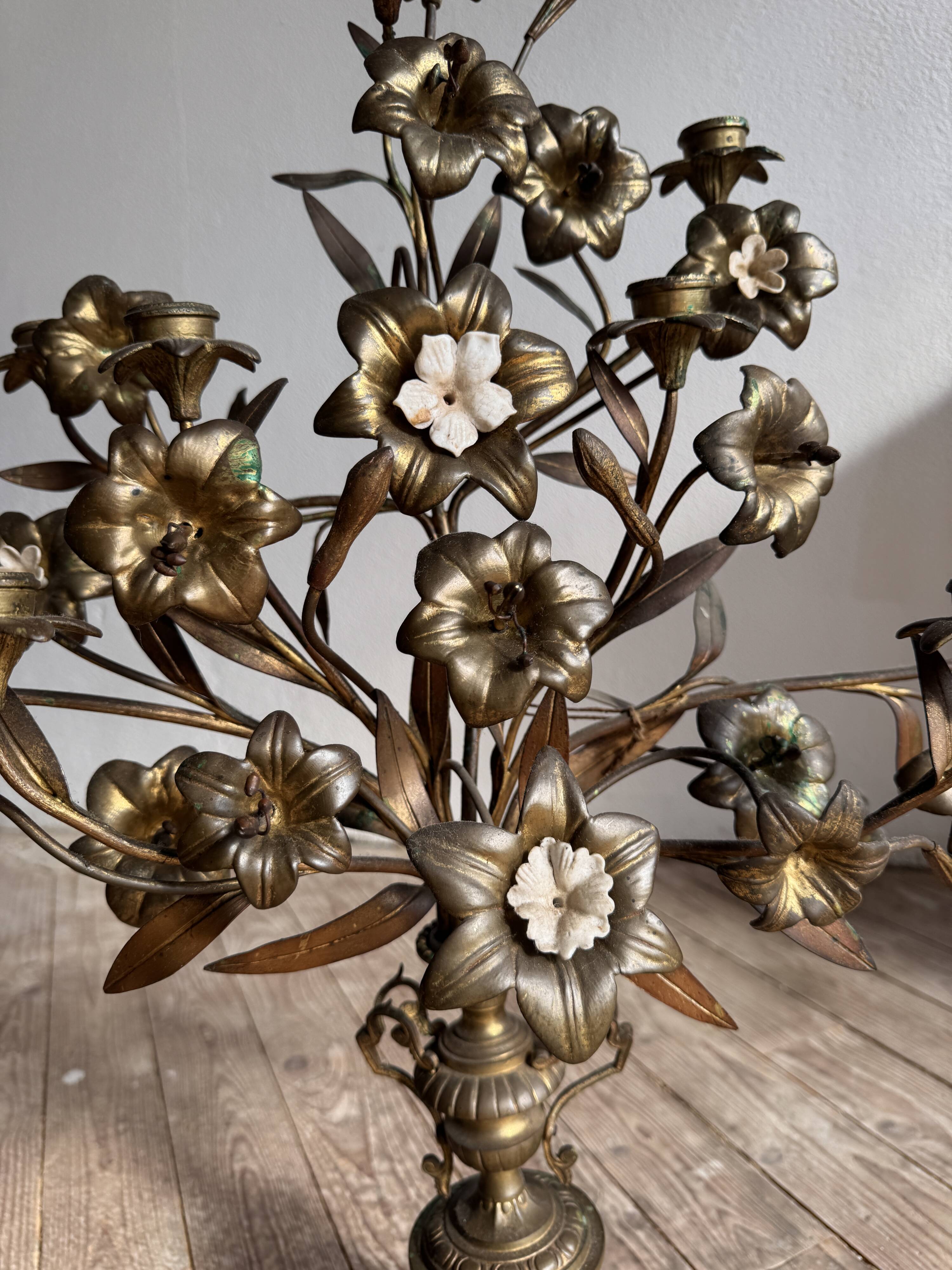 Pair of large 9-light altar candelabra, 19th century, in bronze and brass