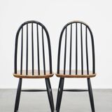 Set of 4 vintage wooden design chairs with black spindle backrest and brown seat