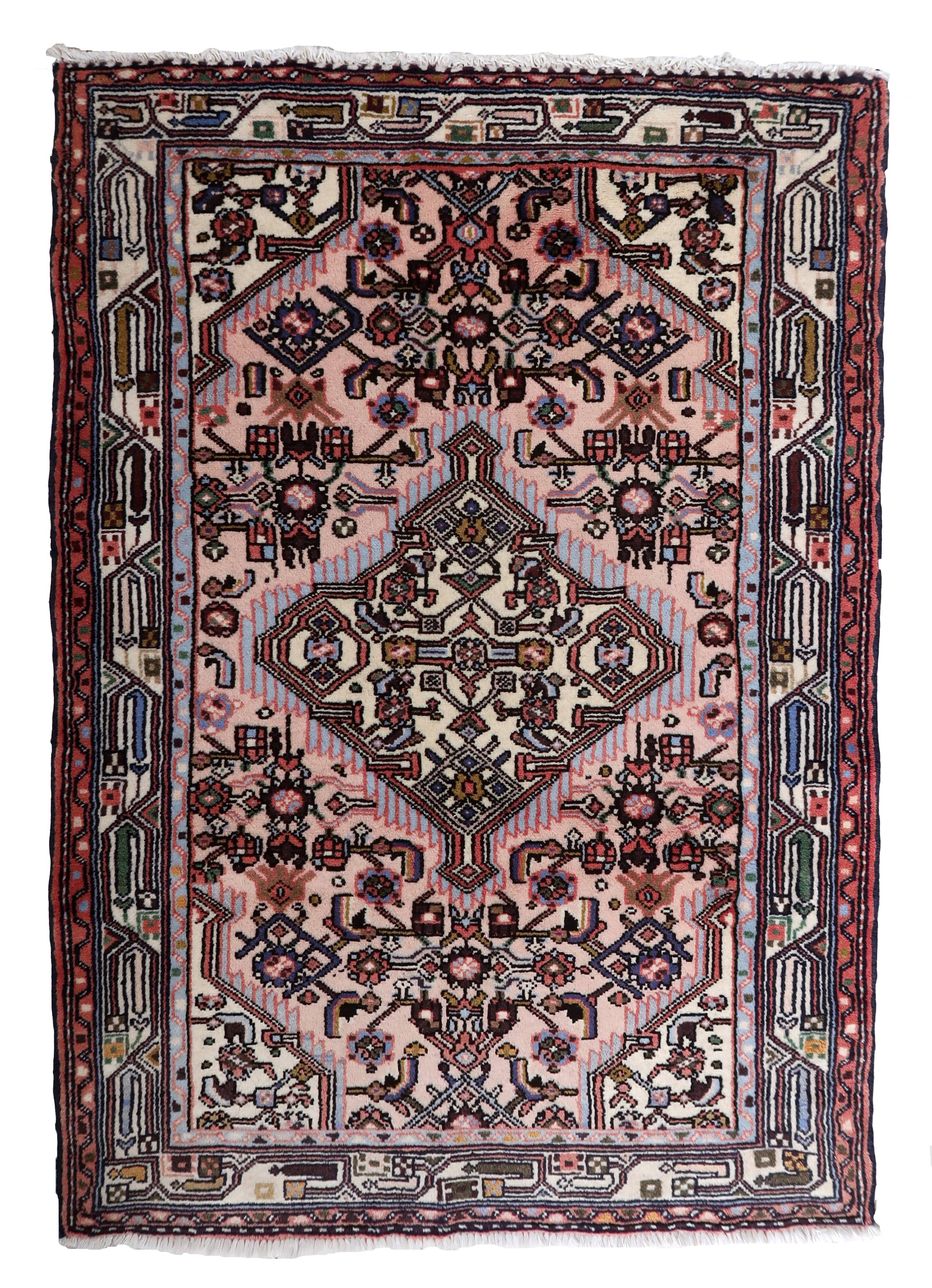 Tapis vintage Malayer fait main 84x120 cm en laine rose et vert - 1C1047