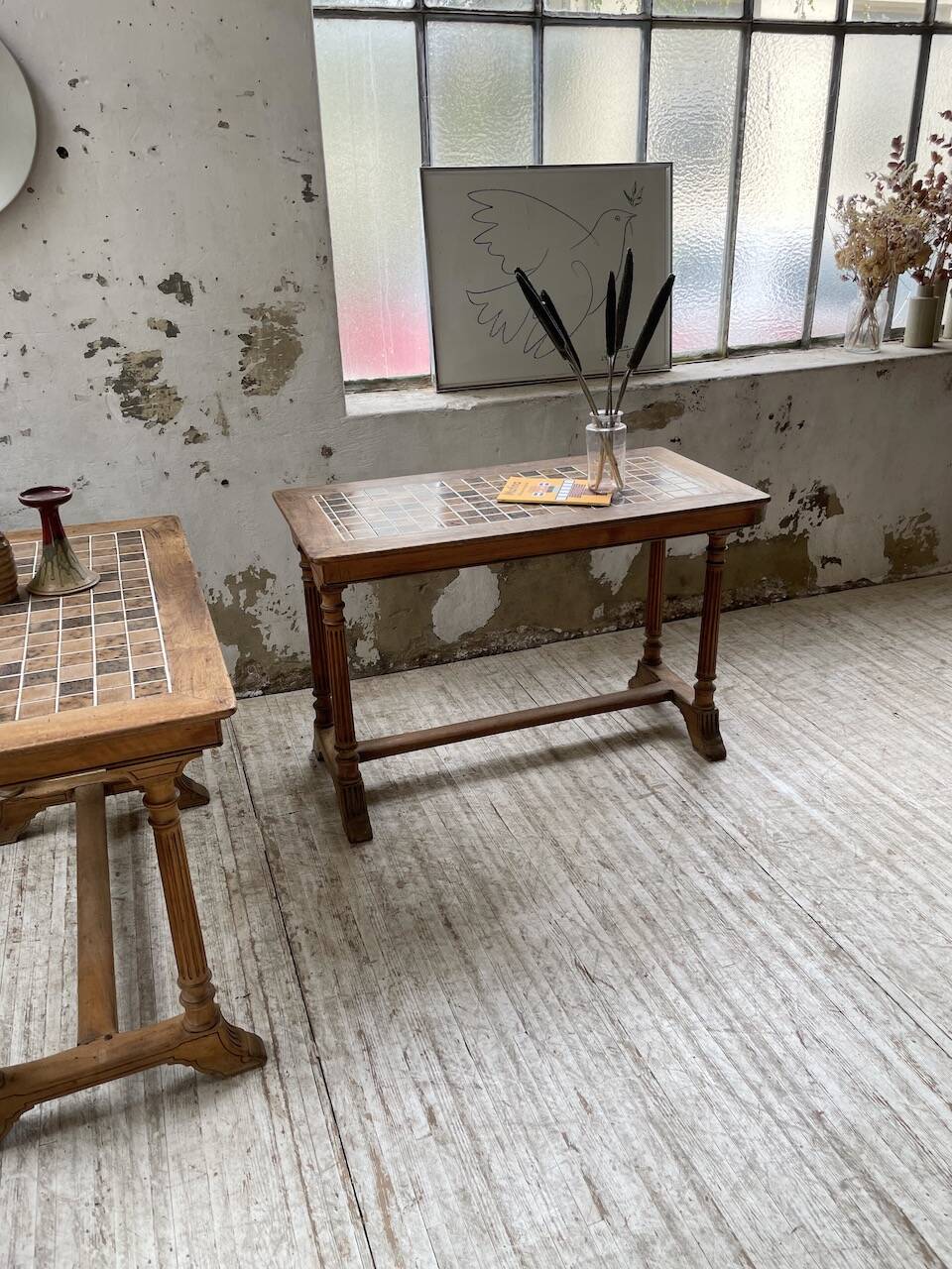 Set of two bistro tables in walnut and tiling from 1890.