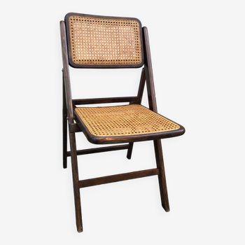 Chaise pliante vintage bois foncé & cannage, 1960