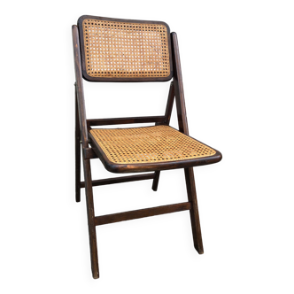 Chaise pliante vintage bois foncé & cannage, 1960