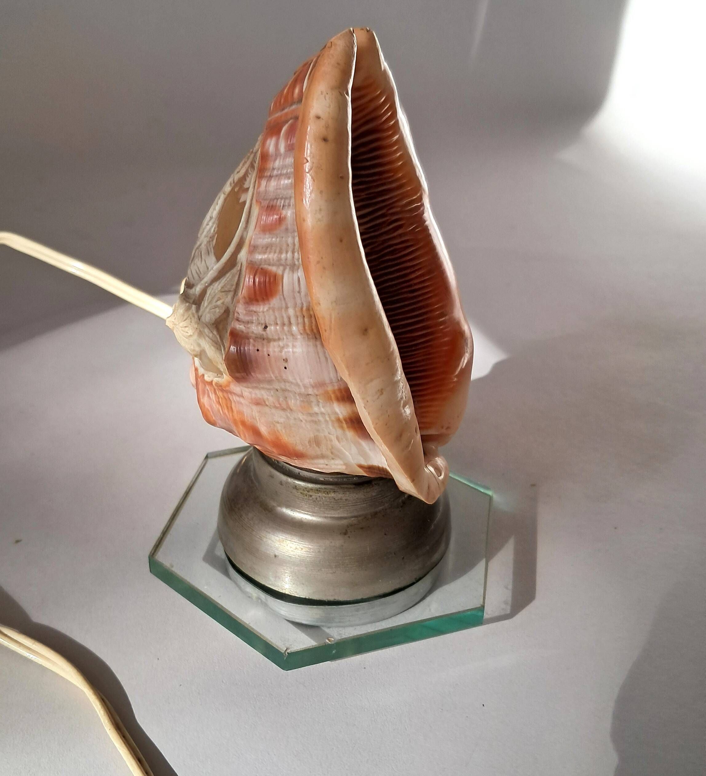 Old shell-shaped night lamp carved in cameo, Art Deco.