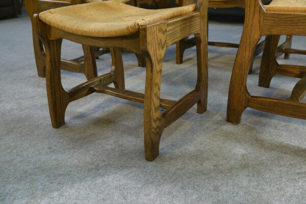 Set of 6 solid oak chairs with straw seats in the style of Guillerme and Chambron, 1950s