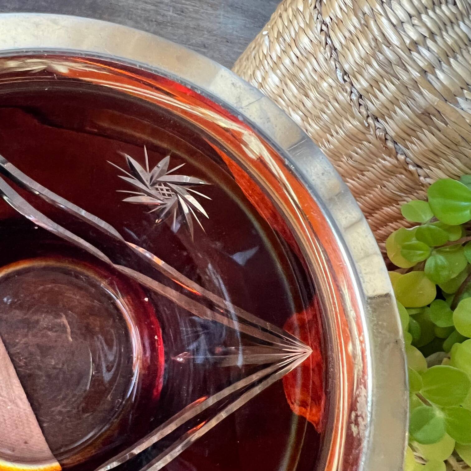 Vintage ice bucket in amber chiseled glass