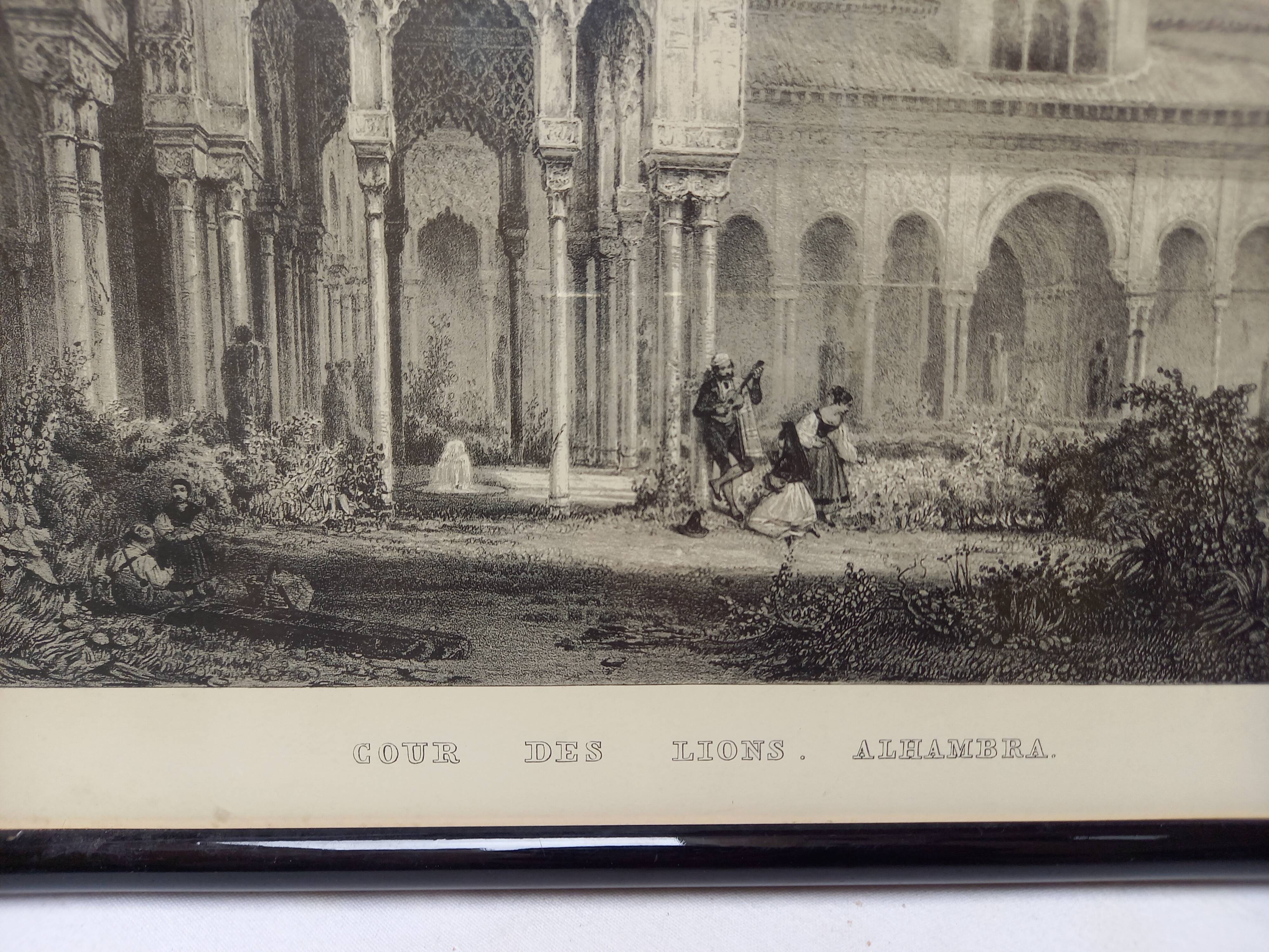 Antique engraving, Court of the Lions, Alhambra, Granada, Spain