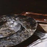 Still life with pewter dish, book and beaker – Marjolein van den Berg