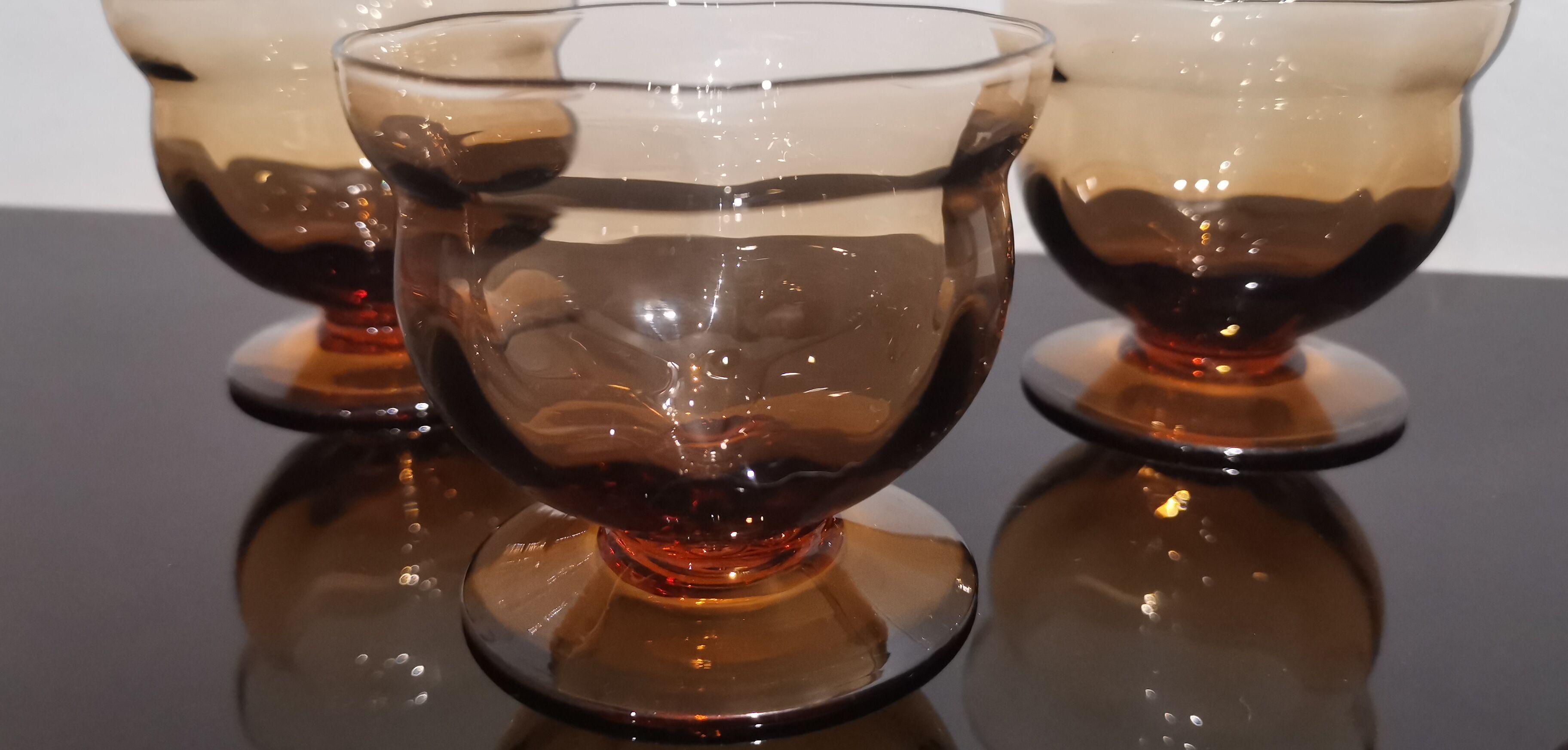 Set of 8 old vintage 70's amber brown cut glass glasses