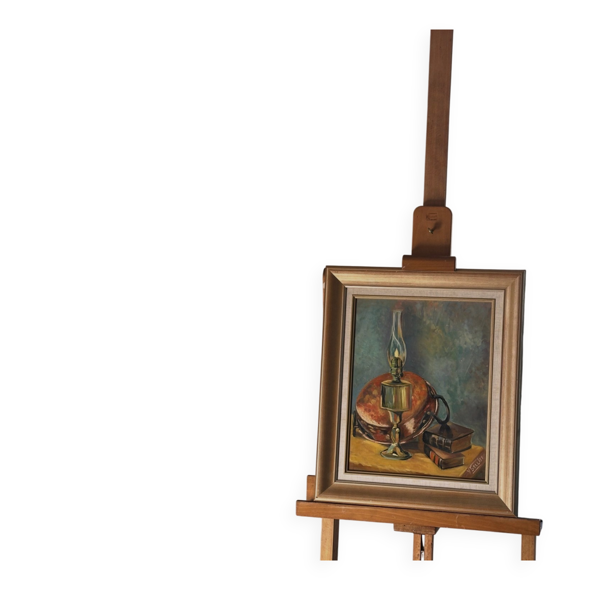 Framed oil on canvas – Still life with lamp, Yvonne Sellier