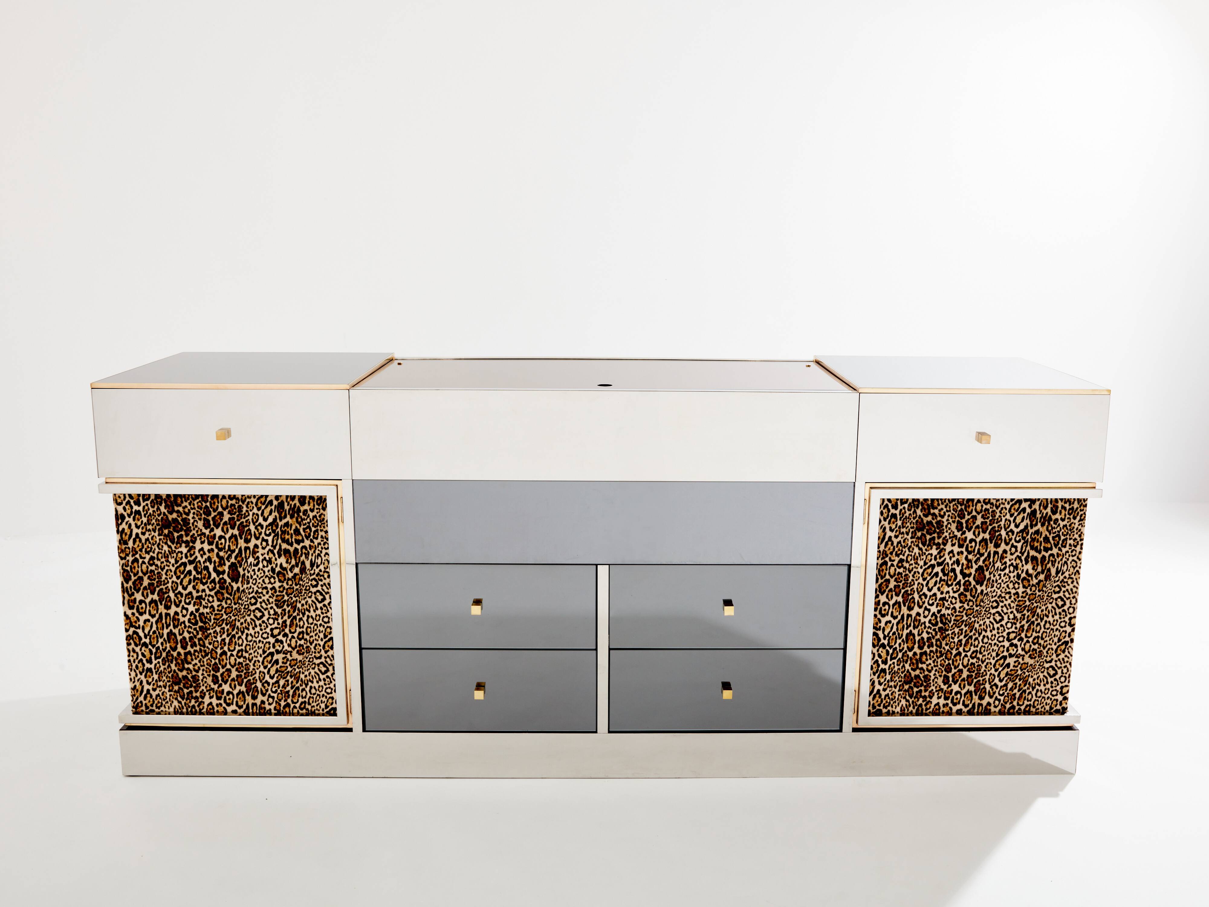 Leopard velvet mirror brass chrome sideboard Michel Pigneres 1969