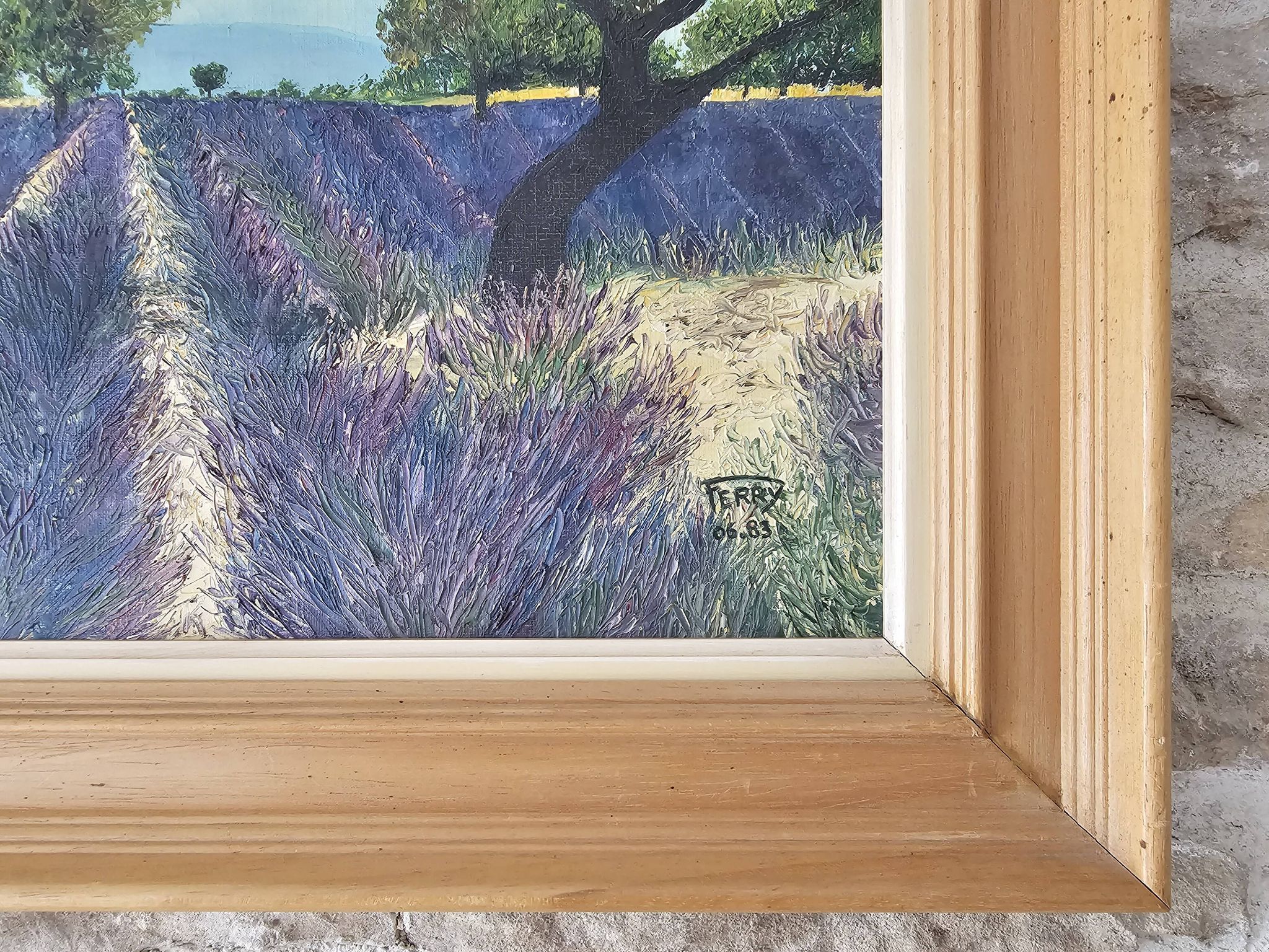 Oil on Canvas Landscape Almond Trees and Lavenders signed Jean Claude Fer