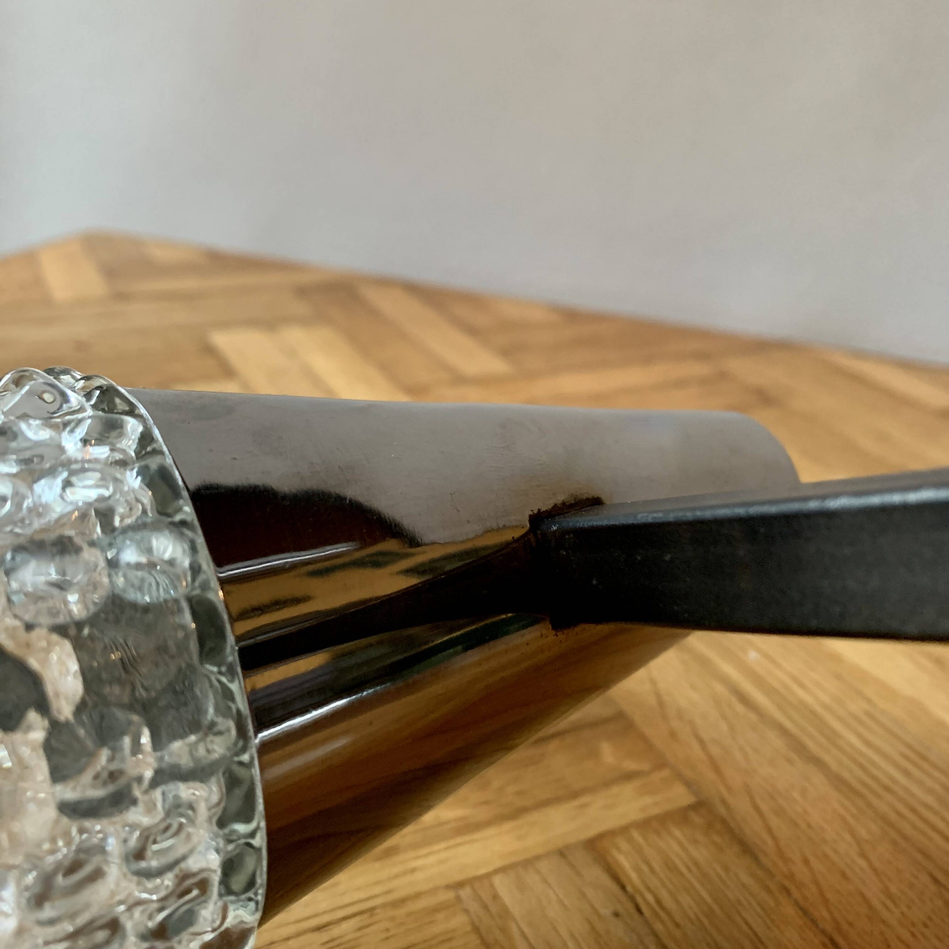 Vintage chandelier in chrome metal, steel and molded glass -3 branches