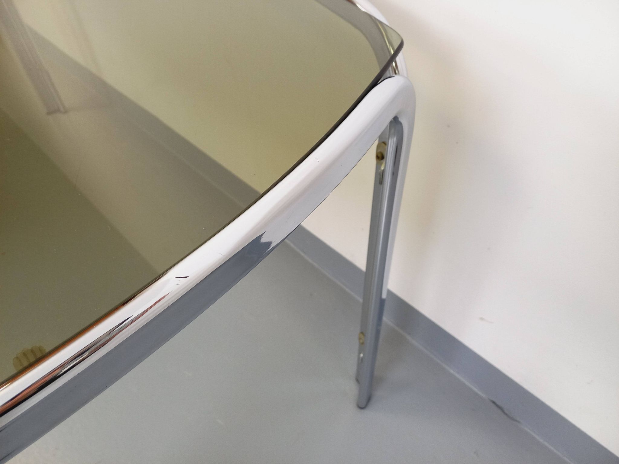 Vintage curved rectangular dining table in smoked glass and chrome metal