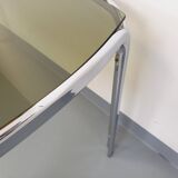Vintage curved rectangular dining table in smoked glass and chrome metal