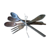 Set of 4 cutlery in vintage wood
