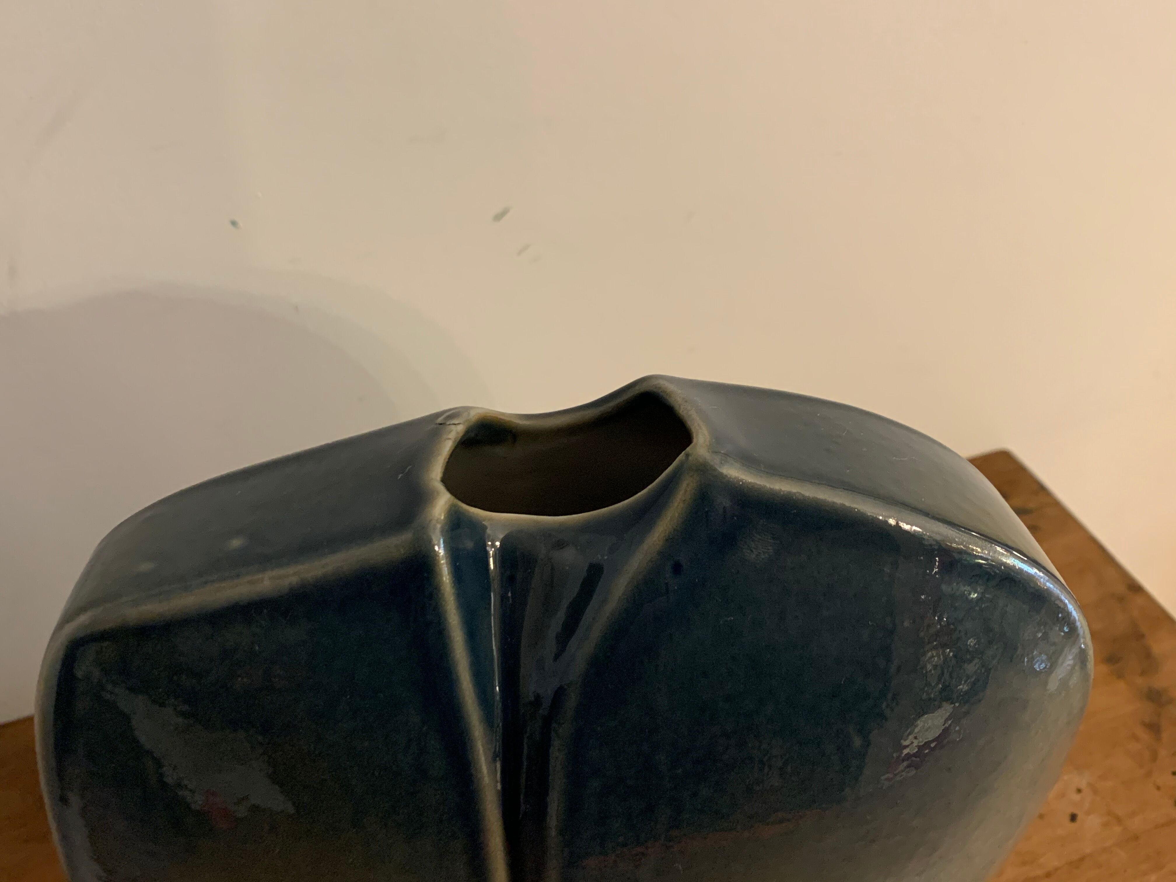 Yves Mohy grey porcelain blue lens vase for Virebent 1970