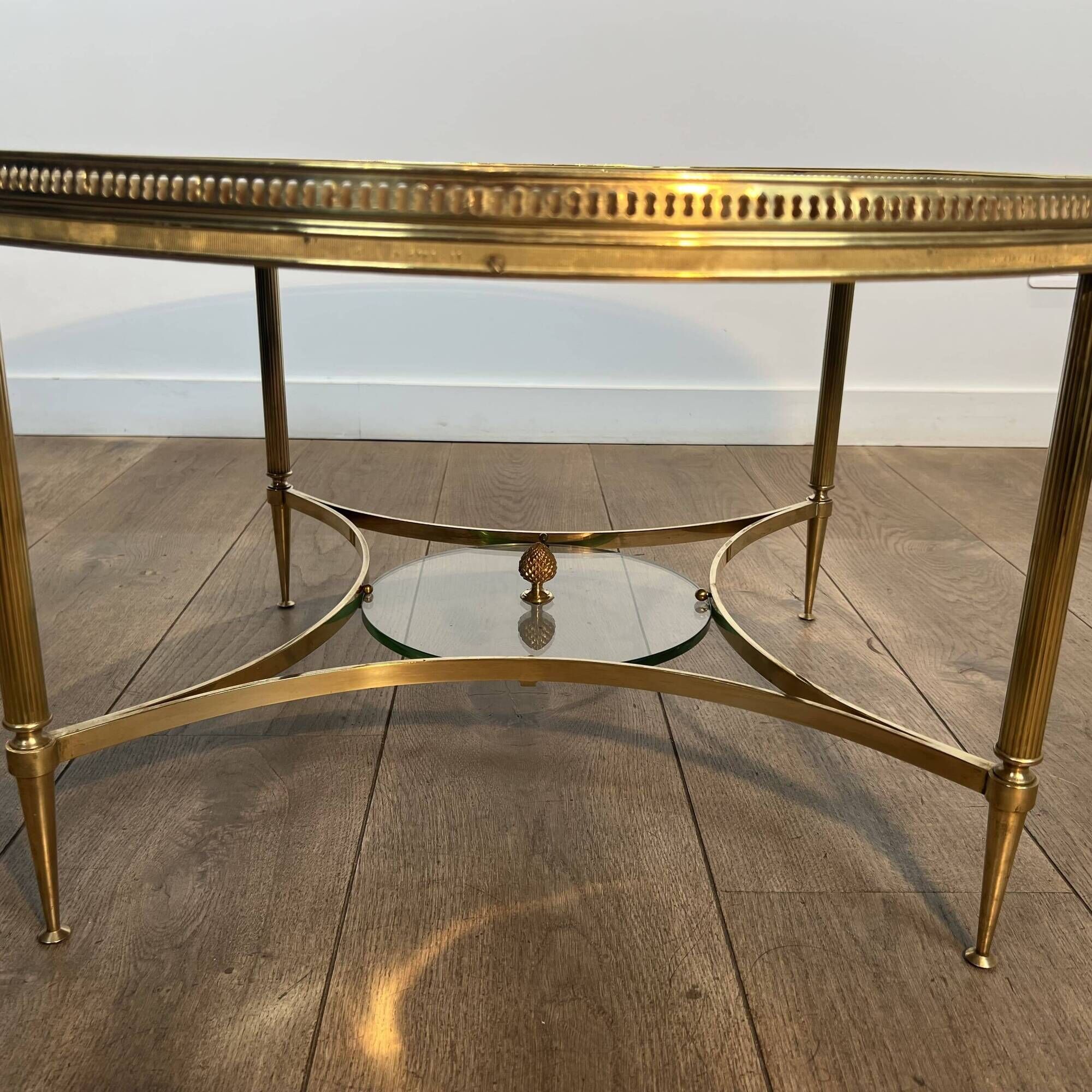 Neoclassical Round Coffee Table in Brass with Beaded Gallery. Marble Top