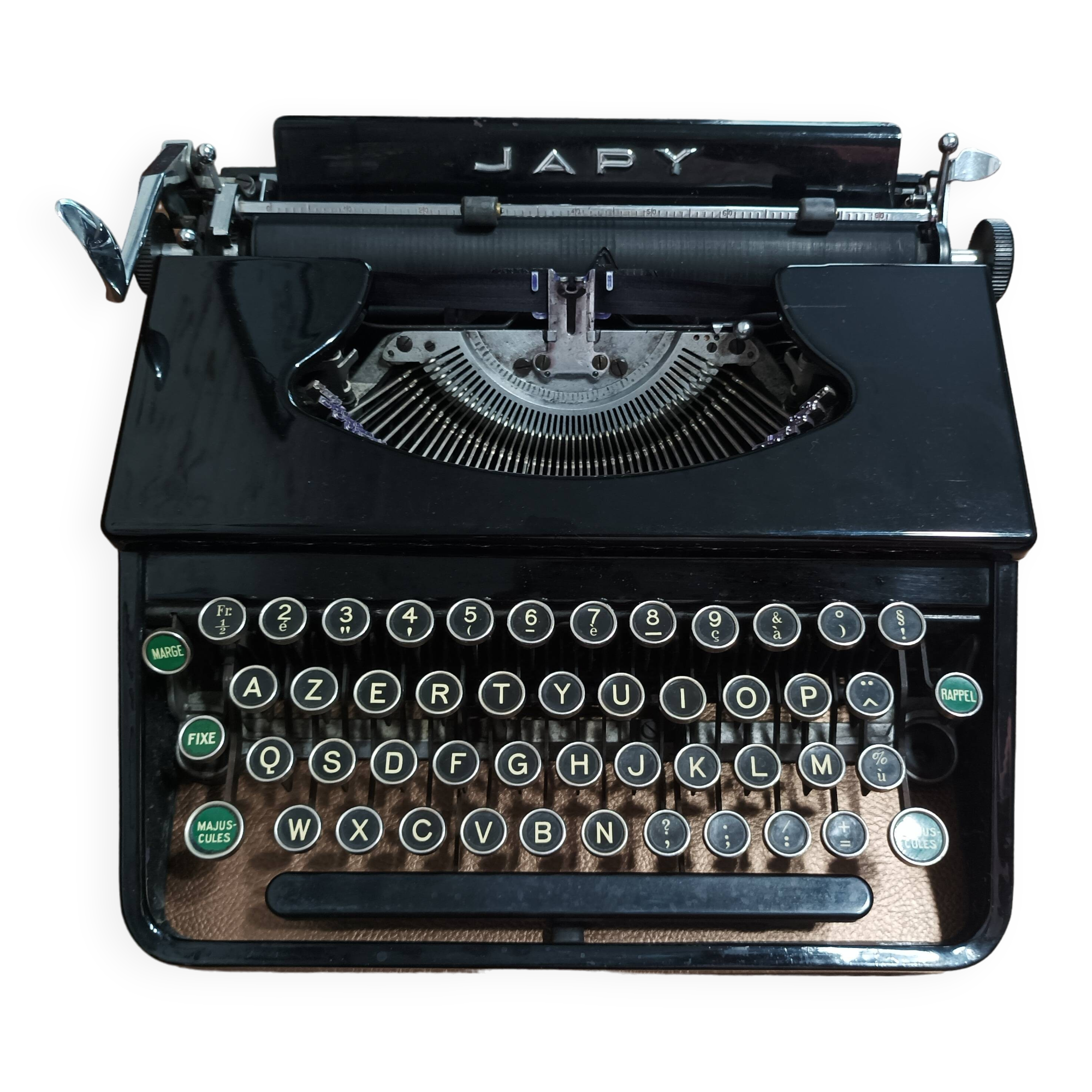 Japy portable typewriter, shiny black metal, 1950s