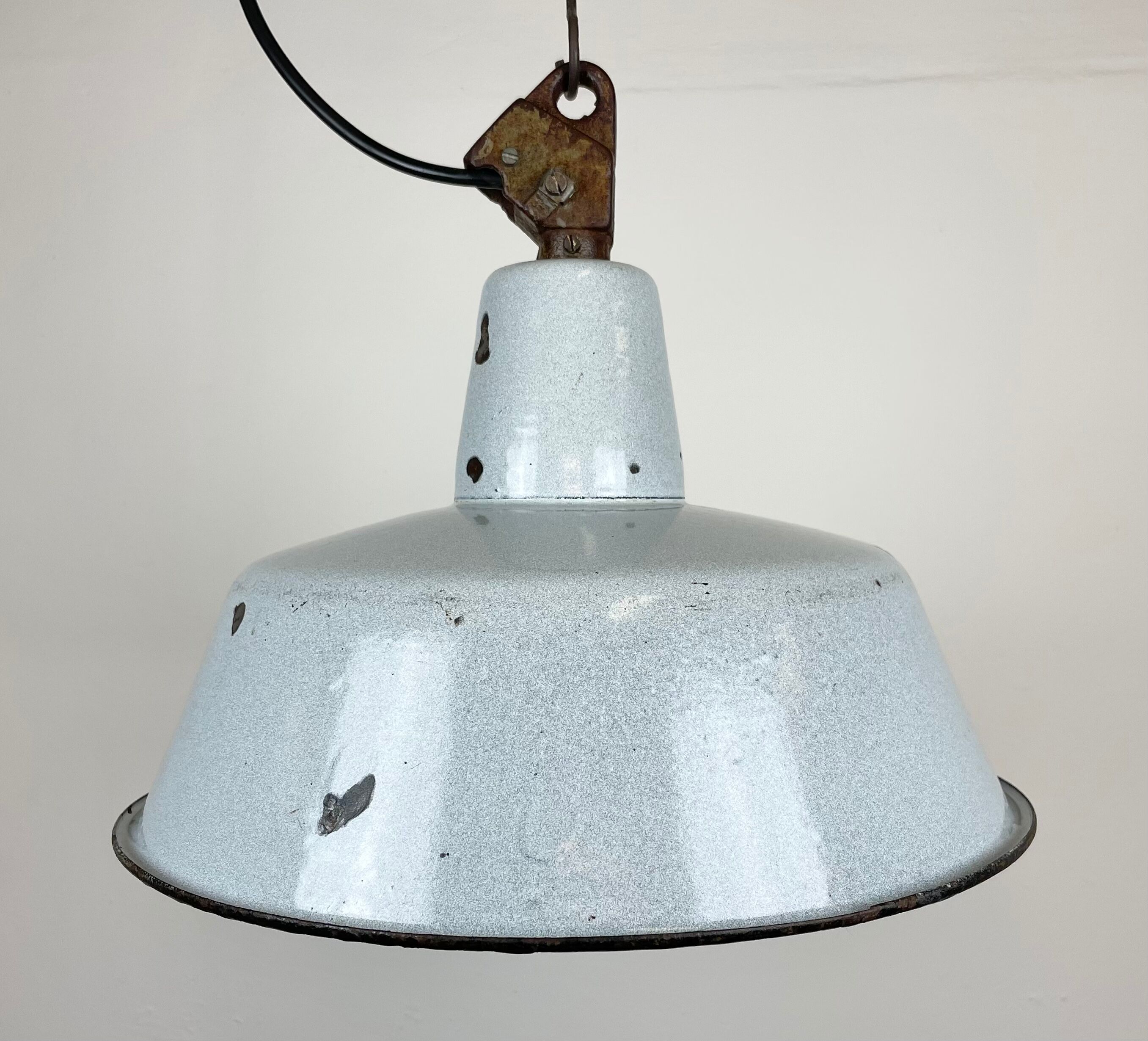 Industrial Grey Enamel Factory Lamp with Cast Iron Top, 1960s